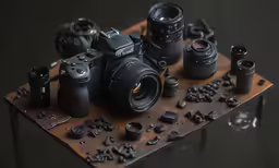 a display of various camera equipment including a zoom lens, a range of lenses, and other cameras
