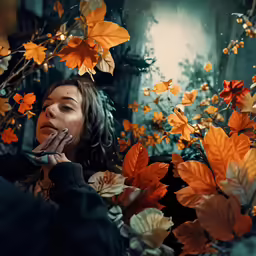 a woman is outside with autumn leaves blowing around her