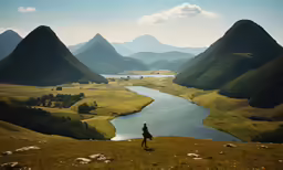 a person standing on the edge of a cliff overlooking a lake