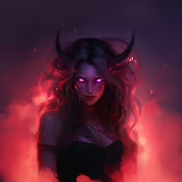 an illustration of a demon girl standing in smoke with her horns crossed,a female demon with pink eyes in a smokey background