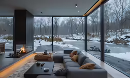 the modern living room is filled with gray furniture and glass walls