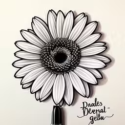 drawing a picture of a sunflower on paper,a drawing of a sunflower and lettering that reads bradley
