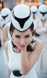 woman with alien head cap looking directly at camera