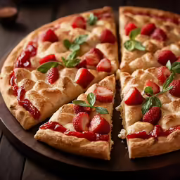 a pizza with strawberries on a cutting board