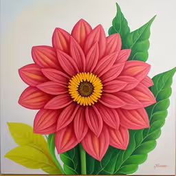 a painting with a pink flower and green leaves,a colorfully painted flower on a white wall,picture of colorful flowers painted in pastel on white background,a painting of a flower with leaves on the side,painting of pink flower with yellow center and green leaves