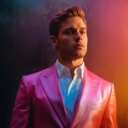 a man with short hair wearing a bright suit