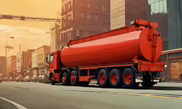 an oil - based, stylized illustration shows the large dump truck in the city,a red garbage truck driving down the street