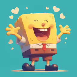 a cartoonized character with a smile holding his hands up