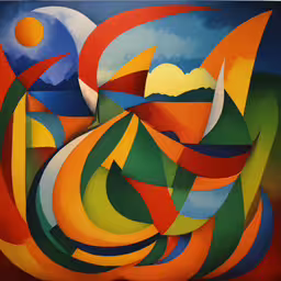 a painting of abstract shapes on a blue background,a painting with different colored lines and shapes