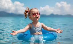 a young girl in a blue swim suit in the ocean