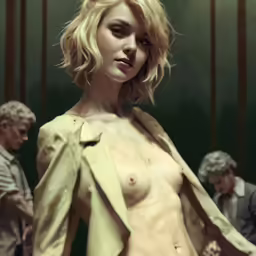 nude woman walking past men at indoor event
