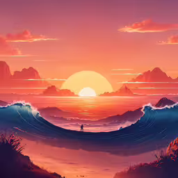 the sun is rising over an ocean and hills,an ocean scene with the sun rising over a wave