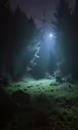 a foggy night in a forest with a dark light coming from behind