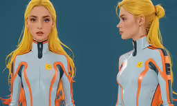 an animated woman is wearing a futuristic suit