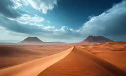 a desert landscape with sand dunes and a mountain range