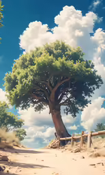 a tree with many leaves growing in the dirt