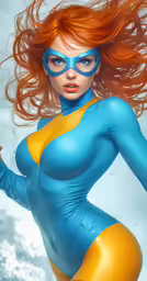 a sexy woman wearing blue and yellow is floating in water