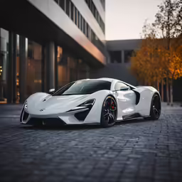 a white car parked on a brick road
