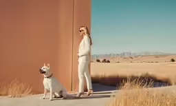 a woman standing next to a dog outside near a tall building