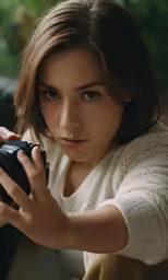 a woman is looking through a camera