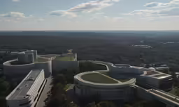 the view from a building with many towers