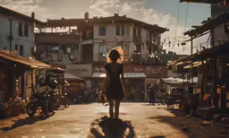 a woman is standing in an old town