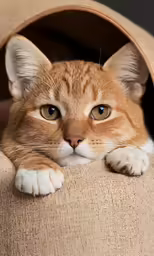 an orange cat laying on a tan couch