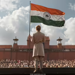 an indian man holding a flag with people behind him