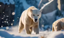 two polar bears walking through the snow together
