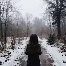 girl walking on a snow - covered path in the woods