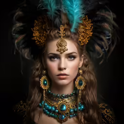 a woman with blue eyes and feathers on her head