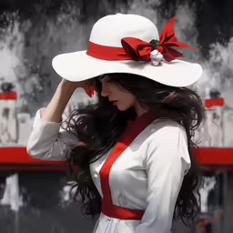 woman in white dress and hat with red ribbon