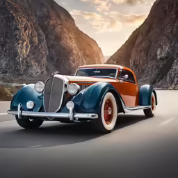 an old fashioned car on the road next to a mountain range