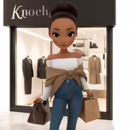 a doll is shown dressed up and holding shopping bags