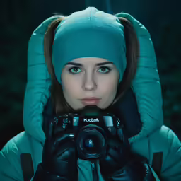 woman wearing blue hood and holding camera outdoors