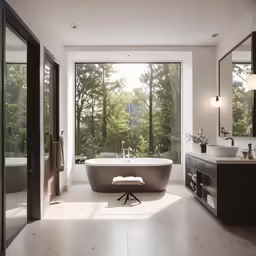a bathroom with a large tub and two sinks