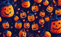 many carved pumpkins with faces and a black hat