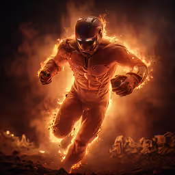 a man running through a pile of rubble with his foot in the air