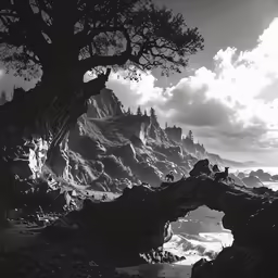 people sit in the shade of a large tree near the ocean