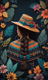 a woman wearing a hat with flowers on the wall
