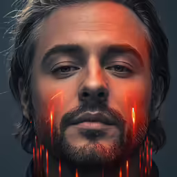 a man has a red streak around his neck