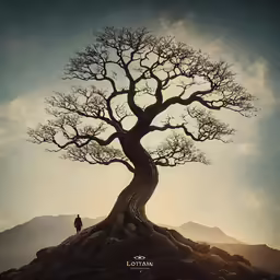 the lone man is standing on the top of the tree