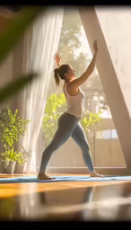 a woman standing in yoga poses with her arms outstretched