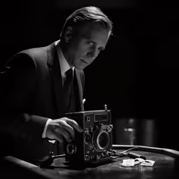 a black and white photo of a person sitting in front of a camera