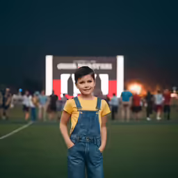 a little boy wearing overalls is posing for a picture in front of a crowd