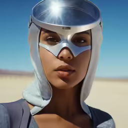 a woman is wearing a mask and standing in the desert