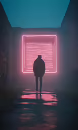 man in a hooded jacket walking down a street under an open neon sign