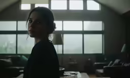 a woman standing in front of a couch in front of a big window