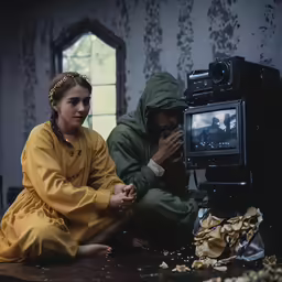 a couple sits on the floor of a building while a camera operator is filming something in front of them
