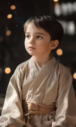 a child dressed in a hanbob sitting on a stool